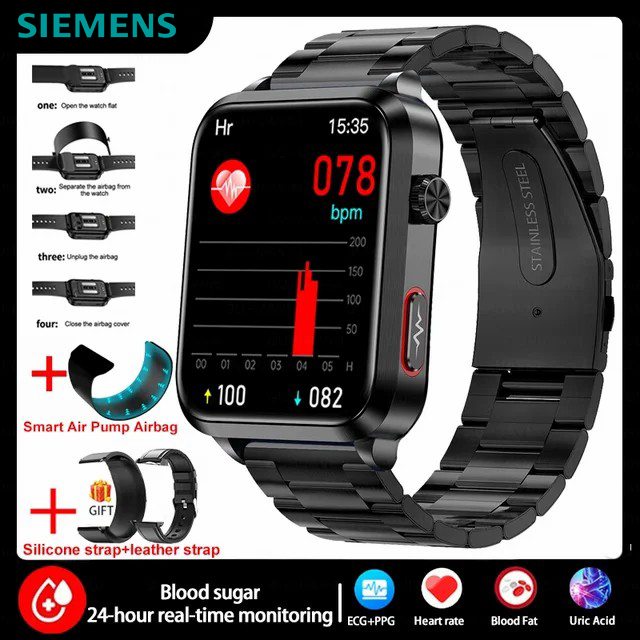 [Correa de bomba inflable] Medición no invasiva de azúcar en sangre, ácido úrico, lípidos en sangre, frecuencia cardíaca, presión arterial, oxígeno en sangre, temperatura corporal; ECG + PPG, admite llamadas Bluetooth, voz inteligente, llamadas SOS y múltiples modos deportivos